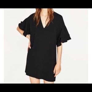 Zara Black V Neck Ruffle Sleeve Dress